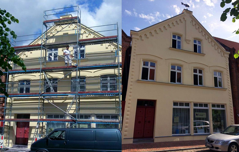 Hausfassade im Vorher-Nachher-Vergleich mit Gerüst links und fertigem Anstrich rechts