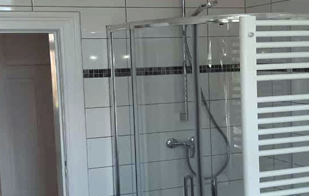 Badezimmerdetail mit Dusche, Fliesenwand und Heizkörper